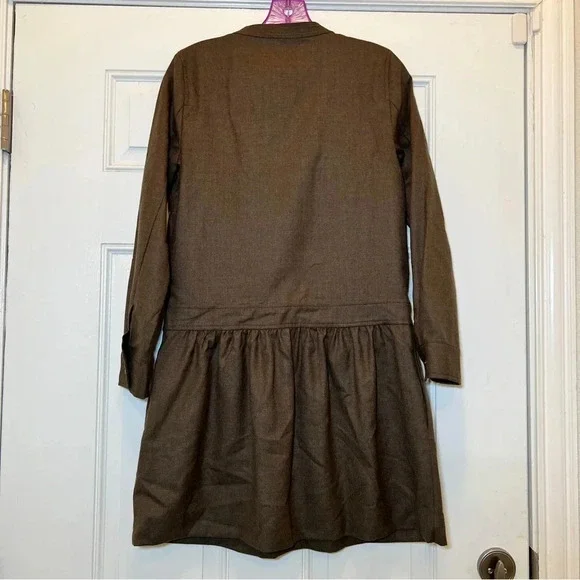 J. Crew Pin Tucked Dropped Waist Long Sleeve Dress 100% Wool Olive Brown Size 4 - Picture 2 of 5